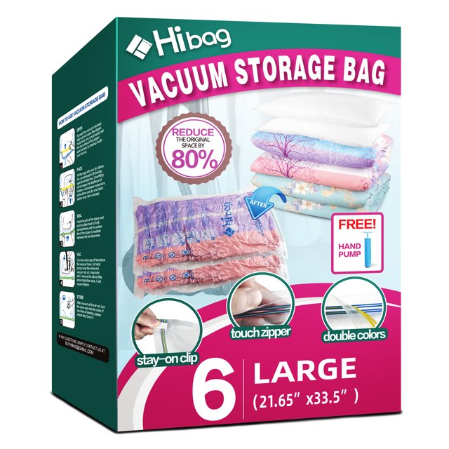 HIBAG Air Travel Size Vacuum Storage Bags, Space Saver, 6 Pack with