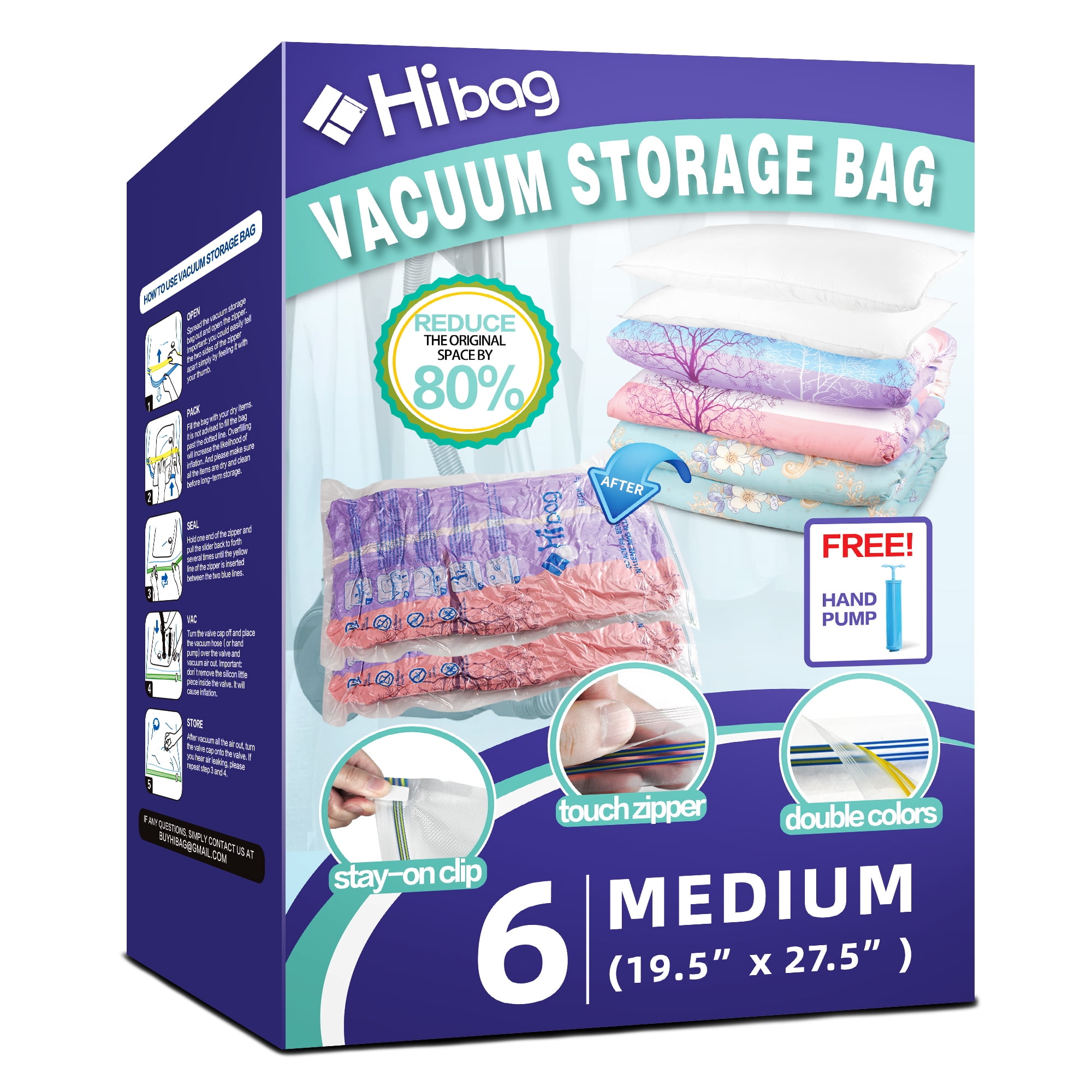 HIBAG Vacuum Storage Bags, Space Saver Bags, Pack of 6, with Hand Pump (6  Medium)