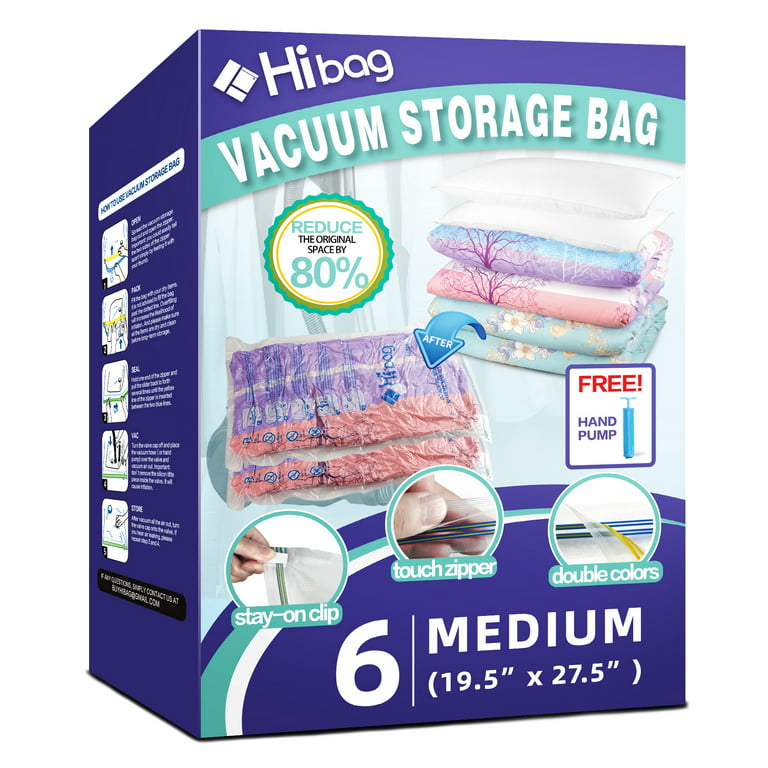 Hibag Vacuum Storage Bags, Space Saver Bags, Pack of 6, with Hand Pump (6 Medium), Size: Medium 19.5''27.5'', 6 Pcs, Clear