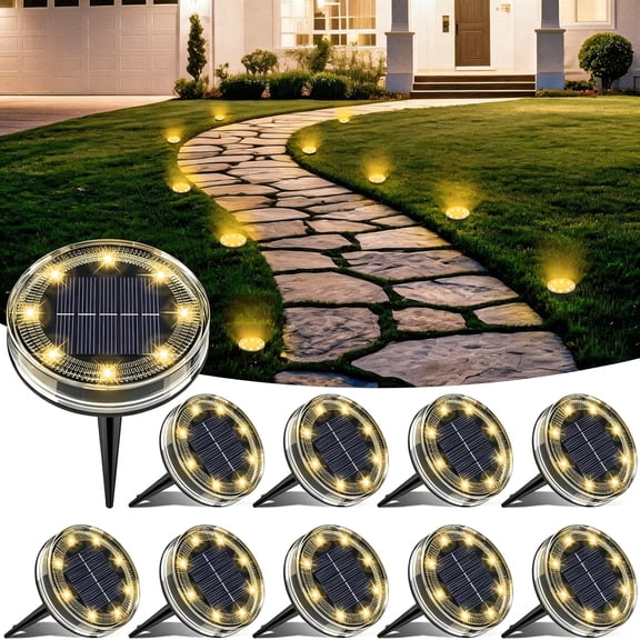 HIBIBUD 10 Pack Solar Ground Lights Outdoor, 8 Led Solar Driveway Lights Ip68 Waterproof Flat Solar Disc Light, Puck Walkway Landscape Lighting Solar Powered for Garden Yard Path Lawn