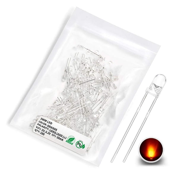 HIBIBUD 100 Pcs 3Mm Orange Led Diode Lights (Dc 2V 20Ma) | (Clear Round Transparent) Bright Lighting Bulb Lamps Electronics Components Indicator Light Emitting Diodes Diy Pcb Arduino