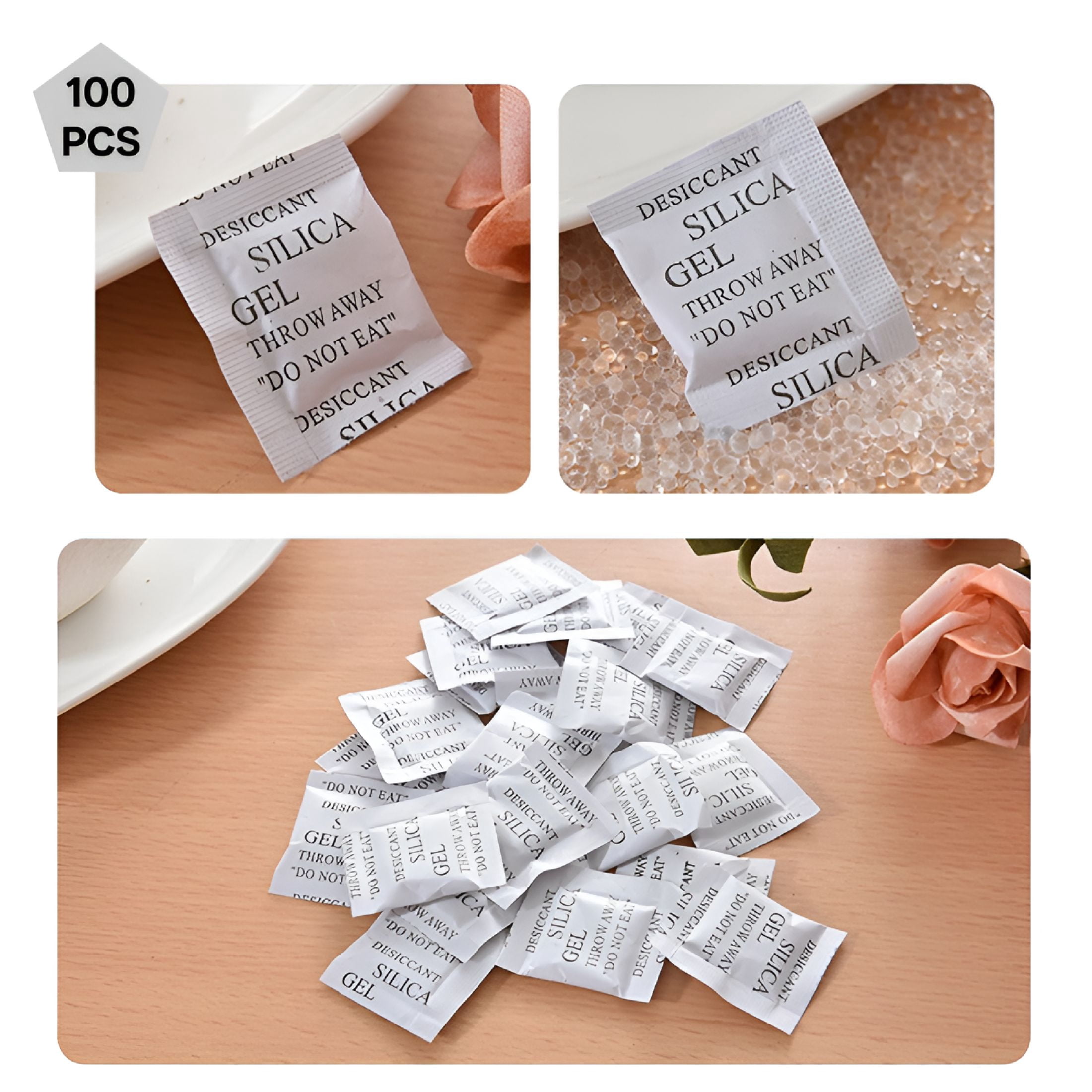 HIBIBUD 100PCS 1 Gram Premium Silica Gel Packets, Desiccant Packs for Storage, Moisture Absorbers, Humidity Dry Bags, Transparent Silicone Dessicants Dehumidifier for Electronics, Shoes, Jewelry