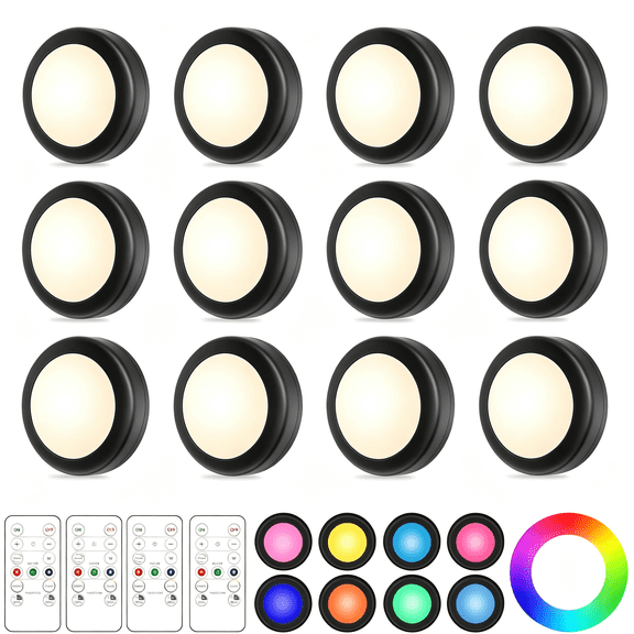 HIBIBUD 12 Pack Led Puck Lights Remote Control 16 Color Changeable under Cabinet Lights,Battery Operated Lights Night Light with Dimmer & Timmer for Closet Bedroom Kitchen,Black