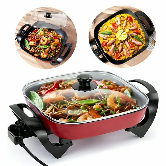 HIBIBUD 12 in Rectangular Electric Skillet with Glass Lid Non-Stick,Temperature Control
