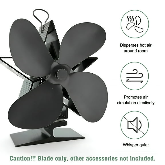 HIBIBUD 122F Start Silent Heat Powered Wood Stove Fan 4 Blade Black Small for Gas/Pellet/Wood/Log Burning Stoves + Thermometer