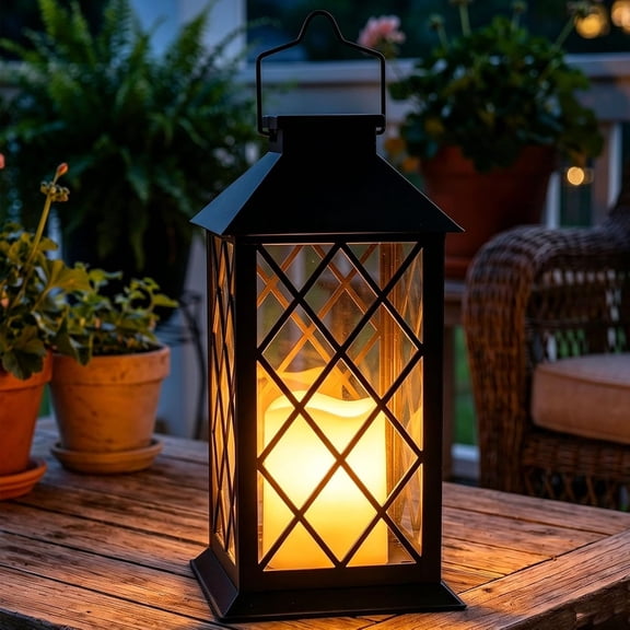 HIBIBUD 14" Large Tempered Glass Solar Lanterns Outdoor Waterproof,Hanging Solar Lights with Flickering Flameless Candles,Retro Solar Lantern for Wall Porch Patio Table Garden Decoration (Black)