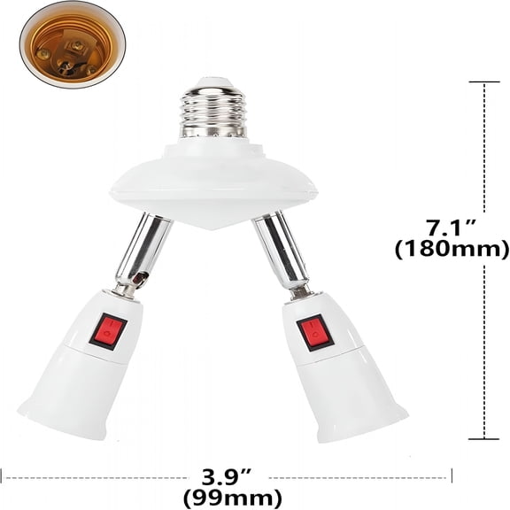 HIBIBUD 2 in 1 Light Socket Extender, Adjustable E26/E27 Bulb Extension Socket Adapter, 360 Rotatable & 180 Bendable Light Sockets Splitter with Switch, Lamp Holder for Halogen, LED, CFL