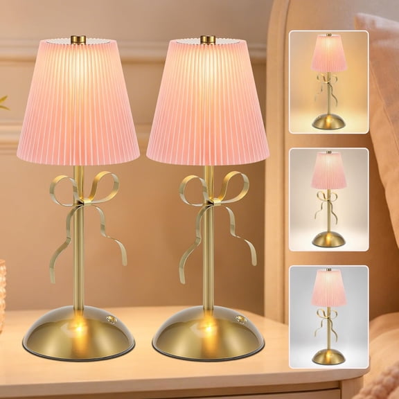 HIBIBUD 2 Pack Bow Table Lamps,Cordless Rechargeable Led Table Lamps for Living Room,Touch Control 3 Colors Dimmable Wireless Bedside Lamps for Bedroom Office Home Decor,Bow Lamp for Girls Room