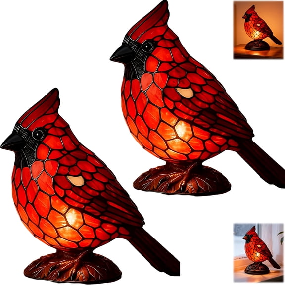 HIBIBUD 2 Pack Cardinal Lamps Set,Stained Glass Red Bird Table Lights,Handmade Memorial Decor with Warm Led,Christmas Home Office Desk Decorations Christmas Decorations for Desk