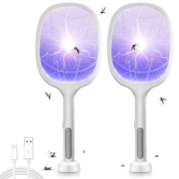 HIBIBUD 2-Pack Electric Fly Swatter Racket, 4000V Bug Zapper with USB Rechargeable Base, Mosquito Killer for Indoor