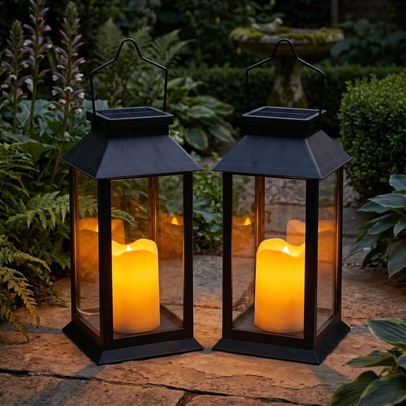 HIBIBUD 2 Pack Solar Flame Lanterns Outdoor Weatherproof,Hanging Black Rust-Proof Solar Lantern with Tempered Glass Shade,Flickering Flameless Candles for Patio Garden Decor