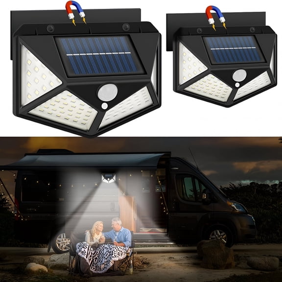 HIBIBUD 2 Pack Solar Motion Sensor Lights, 100 LED Outdoor Security Lamp, IP65 Waterproof Porch Light for RV Camper Trailer, Magnetic Awning Lighting, 270 Wide Angle, Black