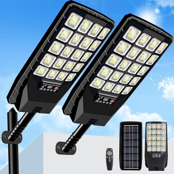 HIBIBUD 2 Pack Solar Street Lights Outdoor Waterproof,6500K 20000Lm Wide Angle Solar Powered Flood Light with Motion Sensor & Remote Control,Dusk to Dawn Commercial Solar Outdoor Light for Parking