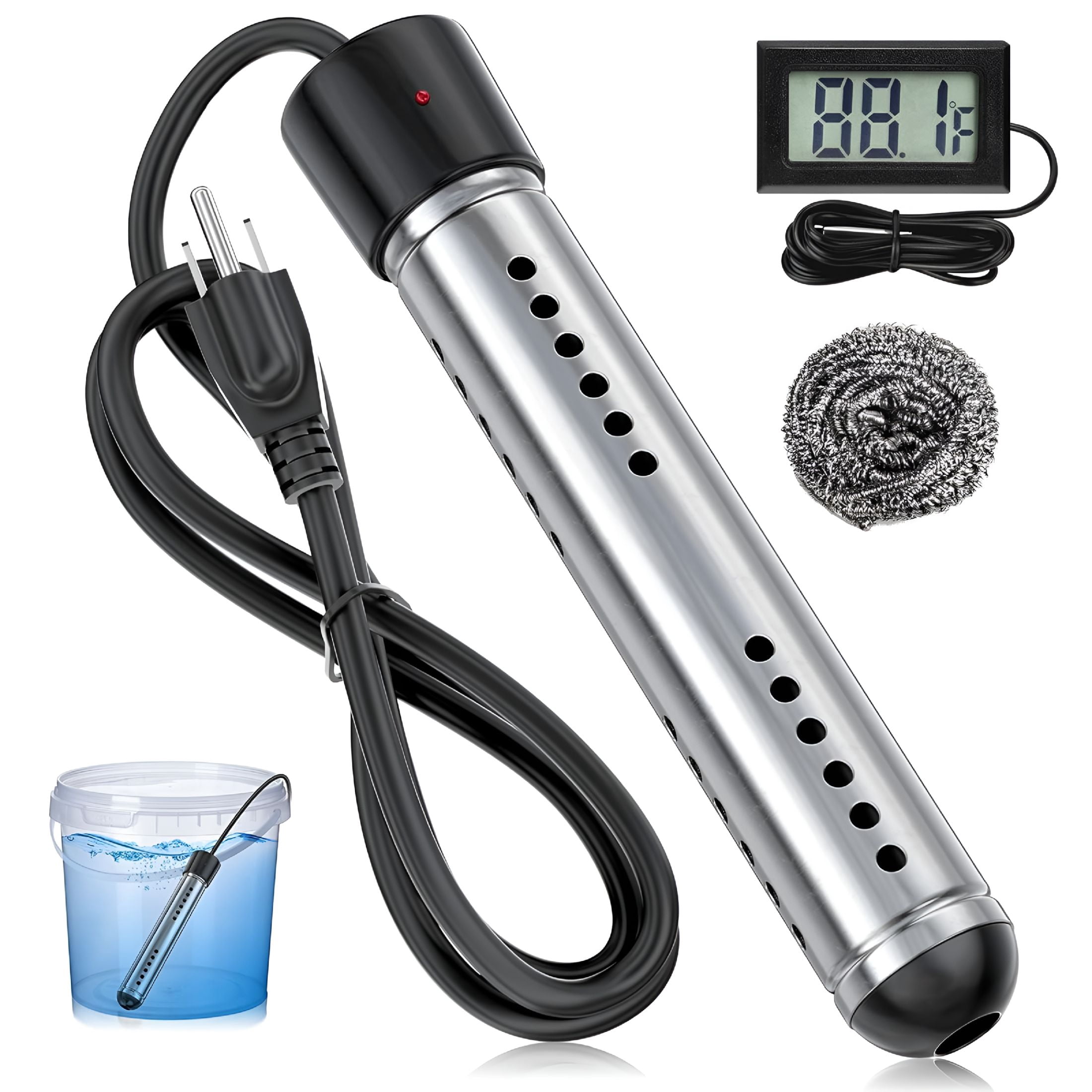 HIBIBUD 2000W Immersion Water Heater, Portable Electric Water Heater with Real-Time LCD Thermometer Control, 304 SS Guard, Heats up 5 Gallons Water in Minutes for Bucket, Basin, Bathtub