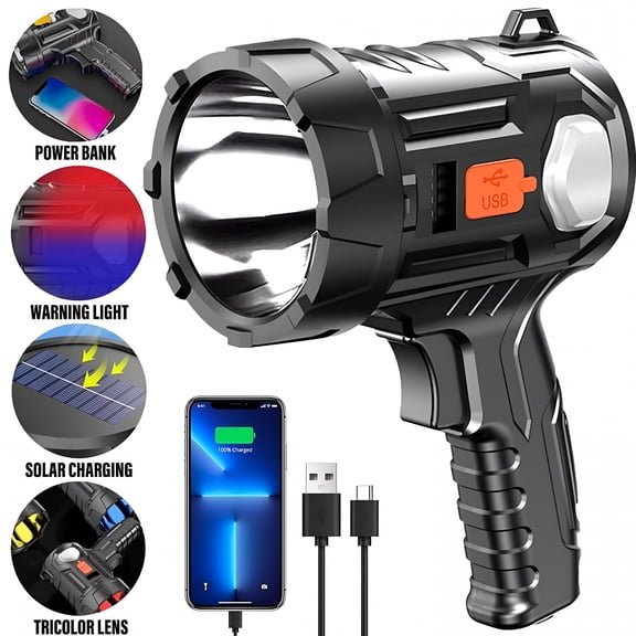 HIBIBUD 2026 New 3000 Lumens Rechargeable Searchlight - Solar and Usb Charging, 6 Light Modes, 3 Color Filters, Ipx6 Waterproof, Suitable for Hunting, Camping, Boating, and Emergencies.
