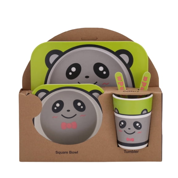 HIBIBUD 2026 New 5Pcs Bamboo Kids Dinnerware Set Child Friendly Food Plate Comfortable to Hold Cartoon Tableware Style9 for Children'S Meals Toddler Feeding Family Dining Kids' Parties
