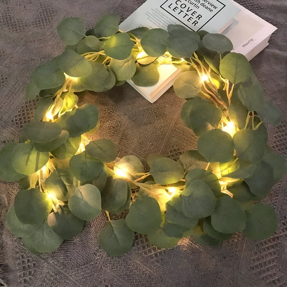 HIBIBUD 2026 New Artificial Eucalyptus Ivy Vine Plant Garland String Lights Green Leaves Fairy Lights 16.4Ft 50 Led Copper Wire Battery Powered for Home Kitchen Garden Office Wedding Decoration
