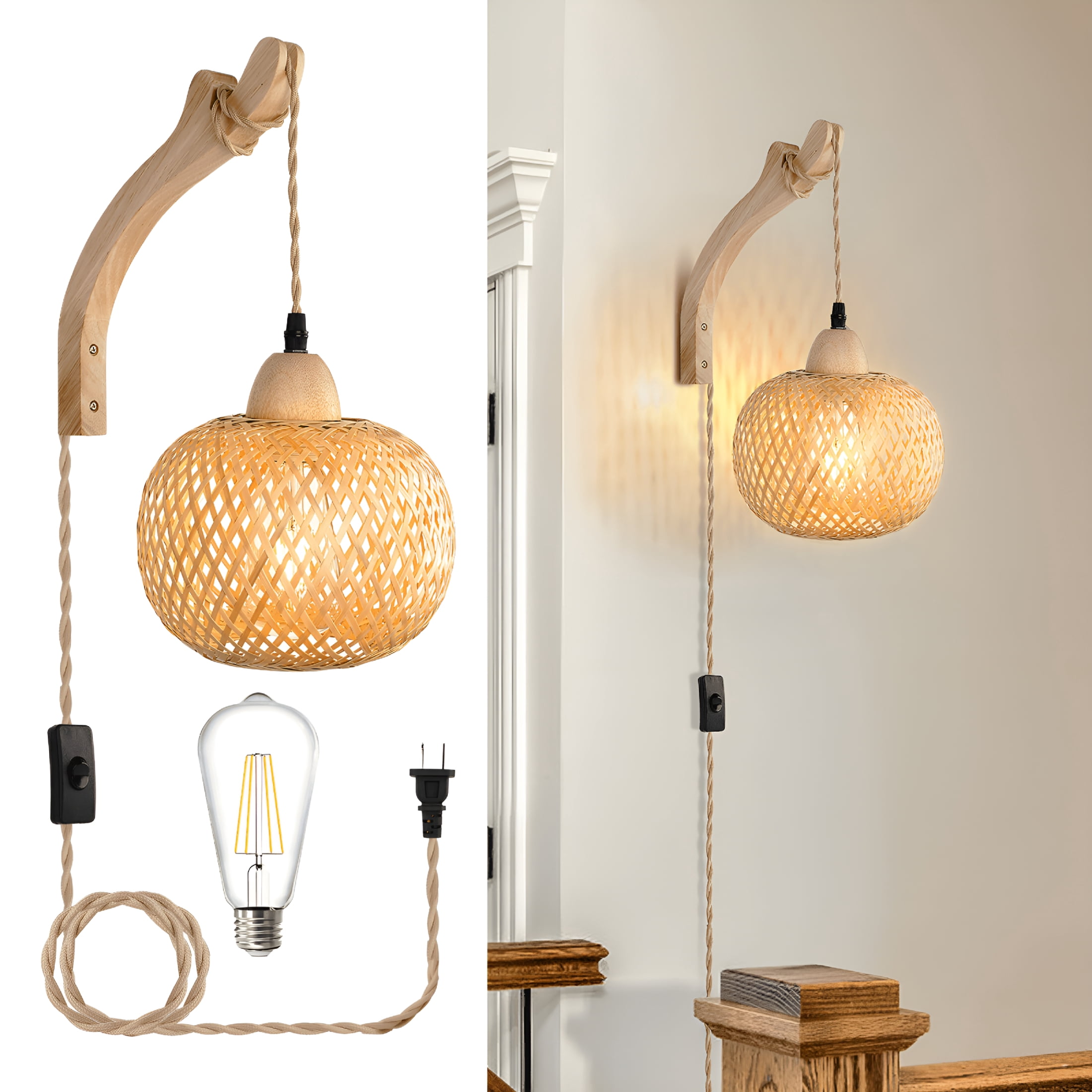 Rustic Plug HIBIBUD 2026 New Bamboo Wall Lights,Hand Woven Rattan Plug in Wall ...