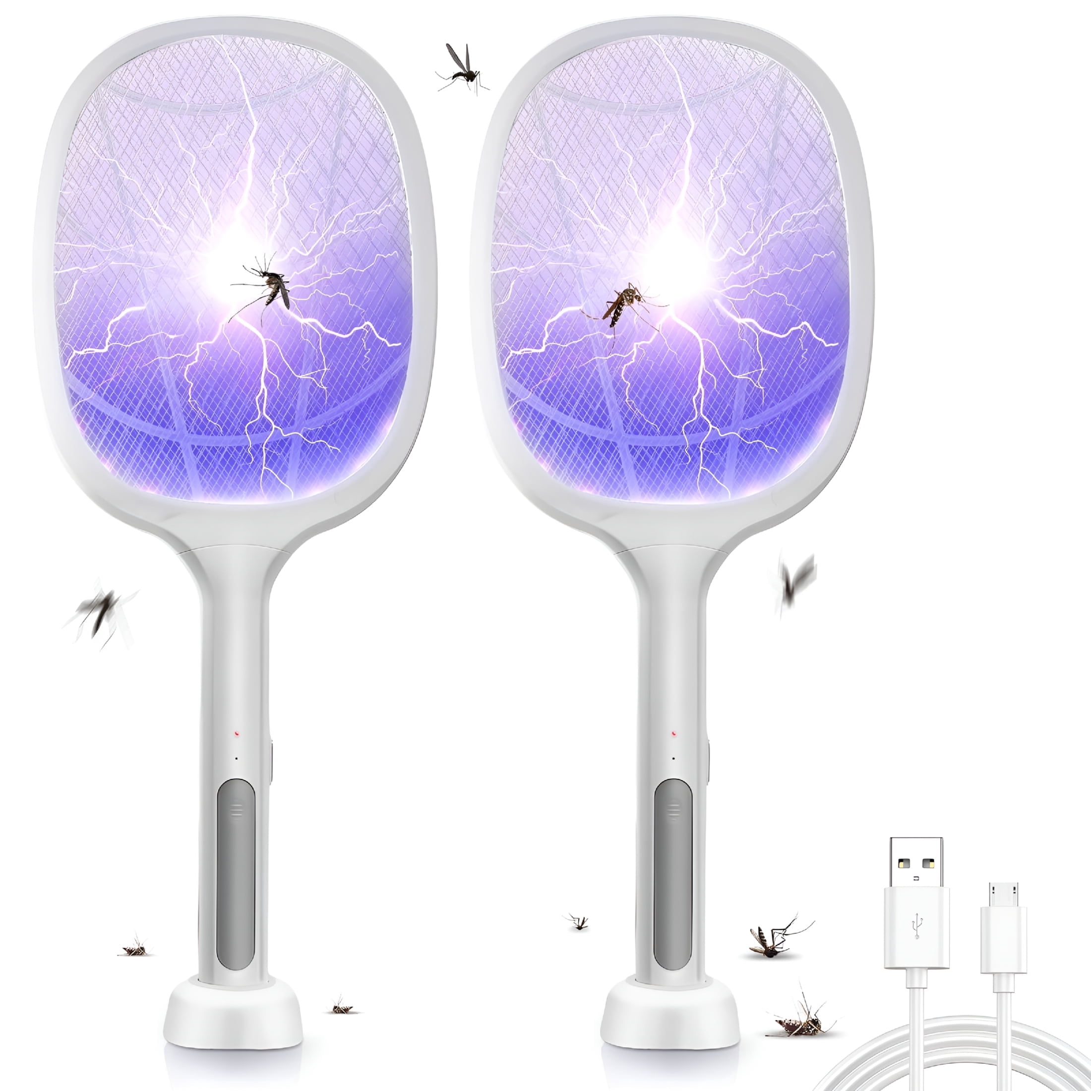 HIBIBUD 2026 New Electric Fly Swatter Racket 2 Pack,2 in 1 Bug Zapper with Usb Rechargeable Base,4000 Volt Mosquito Killer with 3-Layer Safety Mesh for Pest Insect Control for Indoor,Backyard,Camping