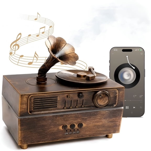 HIBIBUD 2026 New Essential Oil Diffuser,Retro Phonograph Design with Music Player,7-Color Led Lights,Low-Noise Aromatherapy Humidifier for Home Office,Unique Gift Idea (Bronze)