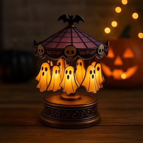HIBIBUD 2026 New Ghost Spinning Carousel Lamp for Halloween Table Decor,Desktop Night Lights Decor for Party Home Office,Spooky Rotating Lantern Centerpiece,Halloween Party Gifts for Kids(Rotatable)