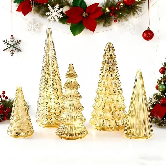 HIBIBUD 2026 New Illuminated Mercury Plastic Christmas Tree 5-Pack,Trees with Led for Xmas Tabletop Mantel Party Home Centerpiece Decor,Gold Christmas Tree