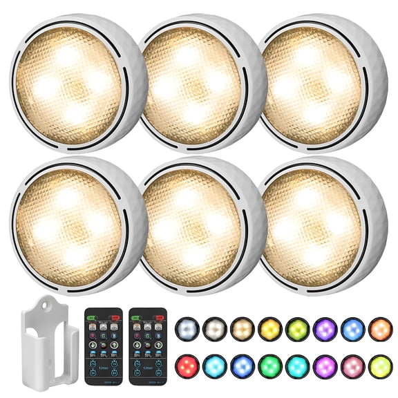 HIBIBUD 2026 New Led Puck Lights Battery Operated Led Under Cabinet Lighting Wireless Stick on Tap Lights with Remote Control Color Changing Timer Function for Cabinets,Shelves,Closets - 6Pack White