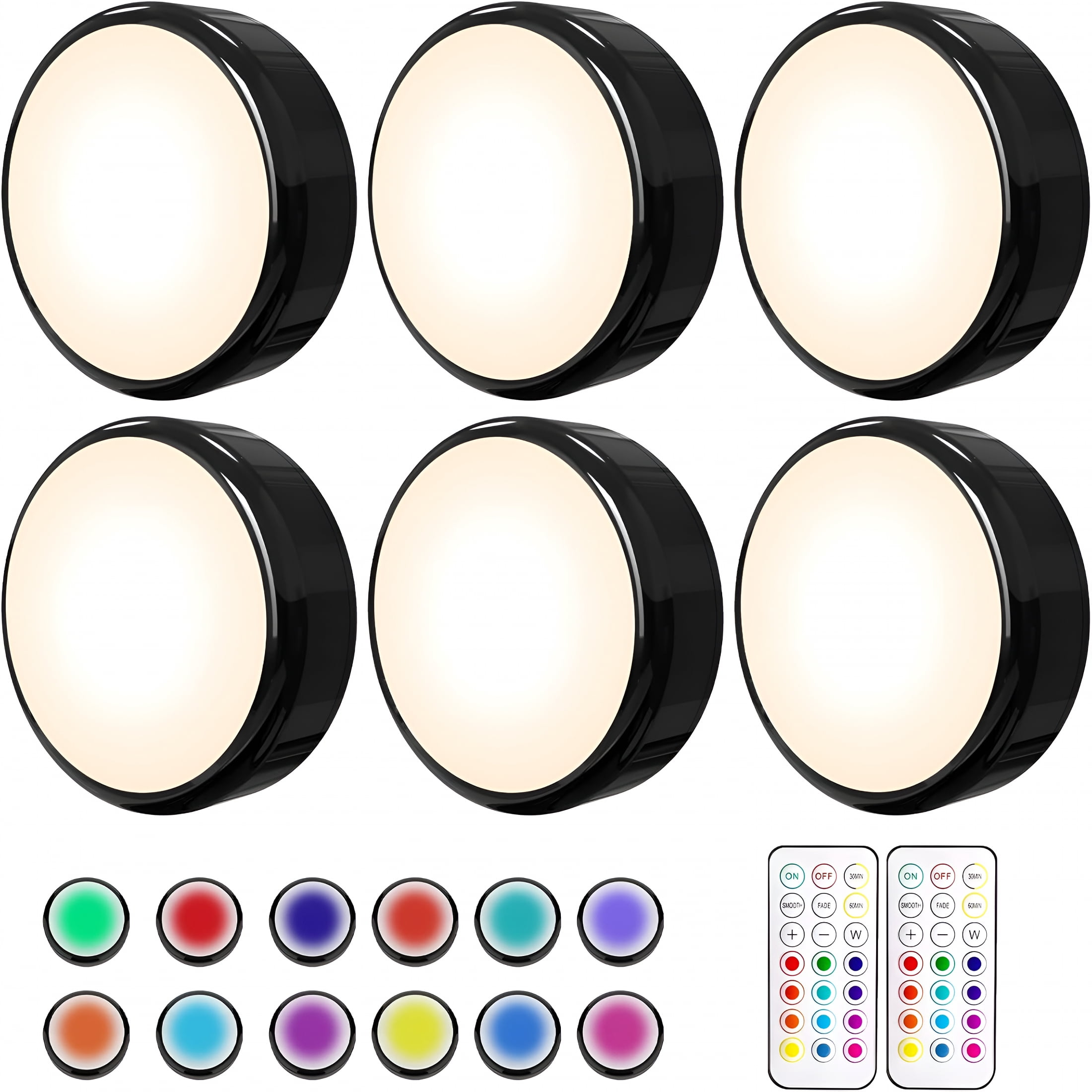HIBIBUD 2026 New Led Puck Lights with Remote,6 Pack Color Changing Rgbw,Battery Powered,Dimmable Under Cabinet Lighting with Timer & Memory,Wireless Stick-On Lights,Black