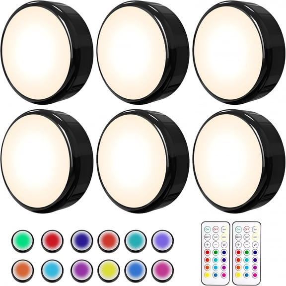 HIBIBUD 2026 New Led Puck Lights with Remote,6 Pack Color Changing Rgbw,Battery Powered,Dimmable Under Cabinet Lighting with Timer & Memory,Wireless Stick-On Lights,Black