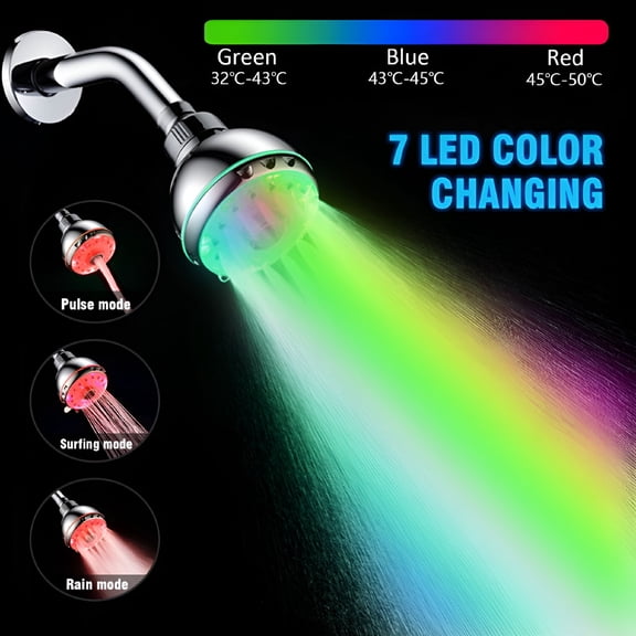 HIBIBUD 2026 New Led Shower Head 7 Colors Flash Light Automatically Changing Led Shower Head 360 Adjustable Luxury Chrome High Pressure Flow Rain Shower Head for Kids Adult Tool-Free Installation