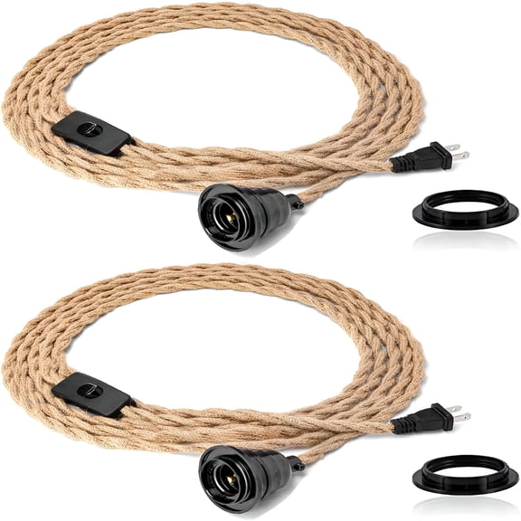 HIBIBUD 2026 New Plug in Pendant Light Rattan Hanging Lights with Plug in Cord with Woven Hemp Rope Lamp Shade,Hanging Lights with Plug in Cord 15Ft Hemp Rope Hanging Lamp (2 Pack 15Ft Hemp Rope)