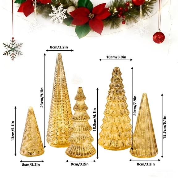 HIBIBUD 2026 New Set of 5 Illuminated Mercury Glass Christmas Trees with Led Lights,Gold Christmas Tree Figurines for Tabletop & Mantel Display,Holiday Home & Party Centerpiece Decor Glass Trees