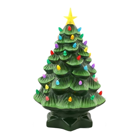 HIBIBUD 2026 New Small Ceramic Christmas Tree,Table Top Christmas Tree with Flower Leaf,Vintage Pre-Lit Xmas Tree with Multicolored Led Lights,Battery Operated Hand-Painted Christmas Decorations
