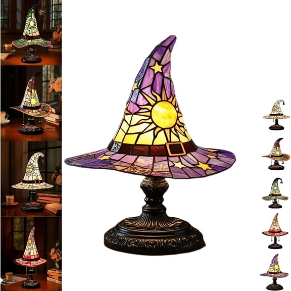 HIBIBUD 2026 New Witch Hat Lamp Stained Glass Resin,Witch Hat Lamp Stained Glass,Stained Glass Witch Hat Lights with Mystical Charm,Haunted Mansion Decor for Indoor Party Haunted Mansion