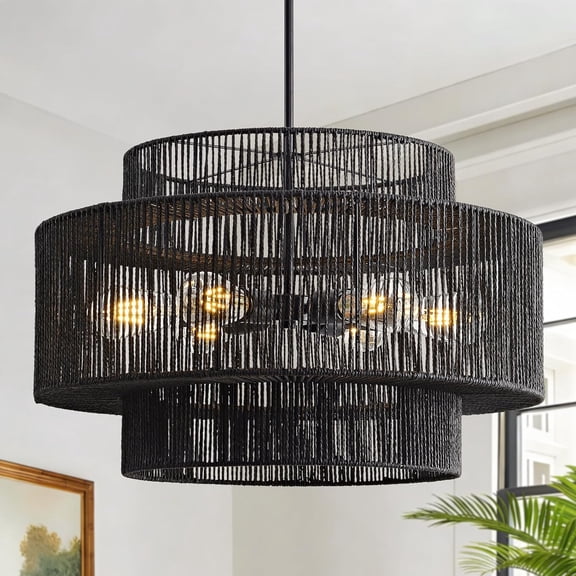 HIBIBUD 24" Black Large Boho Rattan Chandelier for Dining Room,6-Light Hand Woven Farmhouse Pendant Light Fixture Coastal Wicker Hanging Ceiling Light for Kitchen Island Living Room Bedroom Hallway