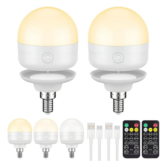 HIBIBUD 2Packs E12 Rechargeable Light Bulbs with Remote Control Timer and 3 Color Temperature Options,Battery Operated Light Bulb Magnetically Dimmer for Non-Hardwired Detachable (5W+E12+3Colors+2PC)