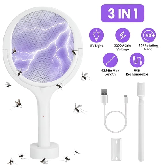 HIBIBUD 3 In 1 Electric Bug Zapper Racket 90Rotating Bug Zapper Wand Indoor Outdoor Handheld Mosquito Swatter with Telescopic Extension Wand