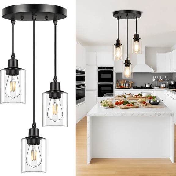 HIBIBUD 3-Light Pendant Lighting for Kitchen Island Dining Lamp Ceiling Hanging with Adjustable Cord and Glass Shade for Farmhouse Living Dining Room Bar Kitchen Island Lights,Black