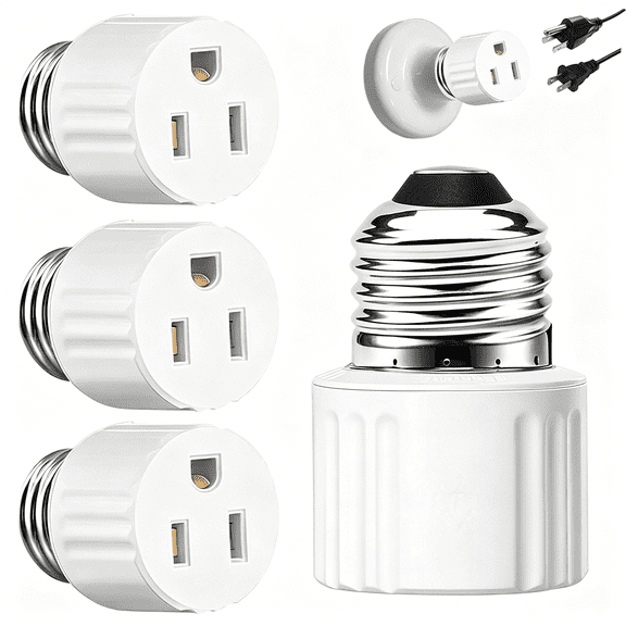 HIBIBUD 3 Packs Light Socket Plug Adapter,3 Prong Light Socket to Plug Adapter,E26 Light Bulb to Outlet Socket Converter,2/3 Prong Screw in Outlet Socket for Camera Garage Porch,White