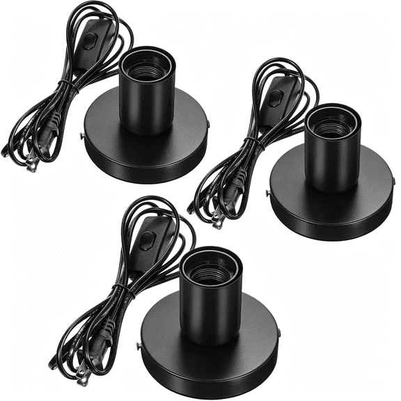 HIBIBUD 3 Pcs Metal Table Lamp Base with 6 Ft Cord, E26 E27 Socket, Black | on Off Switch Plug, Polished Bulb Holder for Diy Desk Lamps, Bedside Reading Lights, Home Decor and Replacement Projects