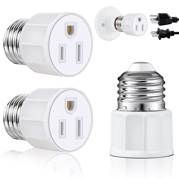 HIBIBUD 3 Prong Light Socket to Plug Adapter - E26 E27 Light Socket to Plug Adapter - Polarized Light Bulb Plug Adapter,2/3 Prong Outlet Socket Splitter Convert for Garage Porch Camera (2,White)