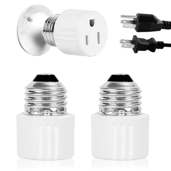 HIBIBUD 3-Prong Light Socket to Plug Adapter,E26/E27 Light Socket Outlet,2/3 Prong Outlet Socket Splitter Converter for Garage Porch White 2Pack