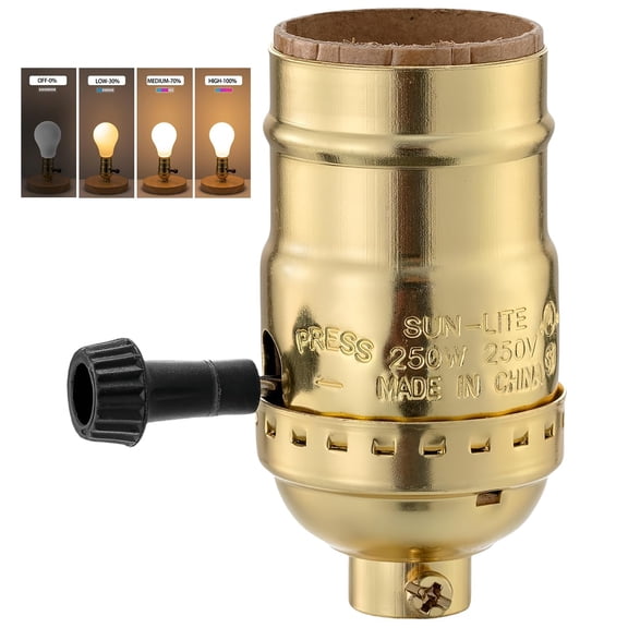 HIBIBUD 3 Way Lamp Socket Replacement, E26 Threaded Base, Lamp Base Replacement,Turn Knob for Low-Medium-High Light Settings Light Bulb Socket (Gold)