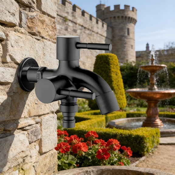 HIBIBUD 304 Stainless Steel Two-Control Faucet 1 in 2 Out, Heavy Duty Double Outlet Water Tap, Two Separate Switches Faucet, Garden Outdoor Balcony Bathroom Laundry Faucet, Black