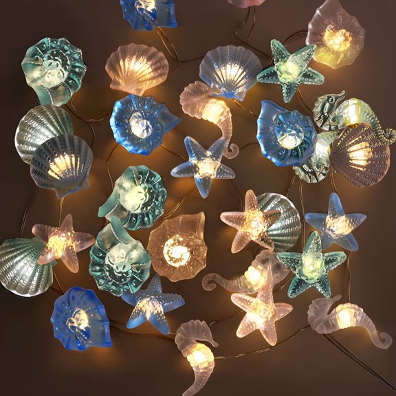 HIBIBUD 30Leds Ocean String Lights 10Ft Seashell Seahorse Conch Starfish Lights 8 Modes Beach Fairy String Lights Battery Operated Waterproof Nautical Theme Lights for Bedroom Party Decor