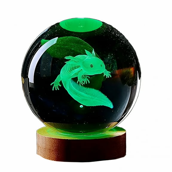 HIBIBUD 3D Crystal Ball Night Light - Axolotl Led Lamp with Wooden Base Night Light with Phantom Color Led, 2.35 Inch Diameter Glass Ball Lamp, Usb Phantom Breathing Light, Birthday Kids