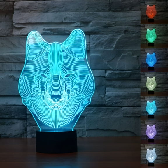 HIBIBUD 3D Wolf Head Night Light, Touch Control Table Lamp with 7 Color Changing LED, Acrylic Optical Illusion Decor for Bedroom