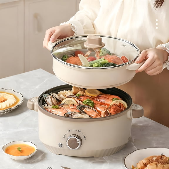 HIBIBUD 3L Electric Hot Pot Cooking with Steamer,Mini Non-Stick Frying Pan,Multi-Functional Cooker for Dorm & Home Use,Stir-Fried Stewed Cookware for Rice,Egg,Noodle,Oatmeal,Soup,Boil