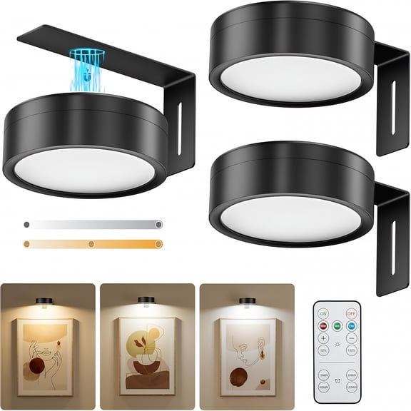 HIBIBUD 3Pcs Black Picture Lights for Wall,Battery Operated with Remote and Timer,3 Color Temperatures&Dimmable,Art Display Light for Picture Frame Artworking,Wireless Wall Decor Puck Lights