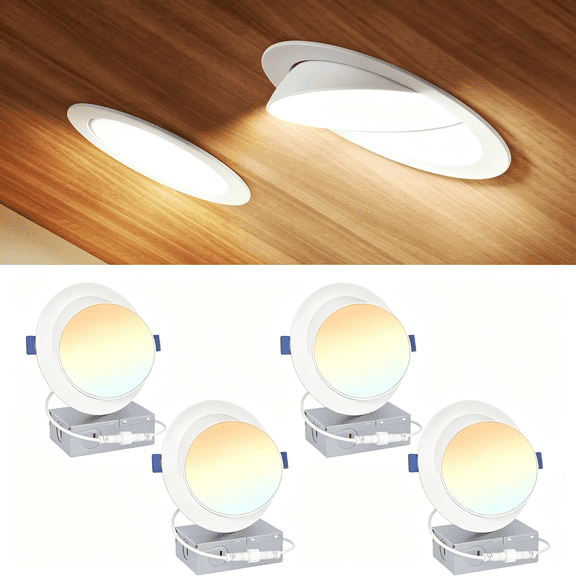 HIBIBUD 4 Pack 6 Inch Gimbal Led Recessed Lighting, 90 Rotatable and 5Cct Selectable, Dimmable Eyeball Recessed Lights, Angled Adjustable, 1200Lm, 12W=115W, Ic Rated - Etl&Fcc Certified